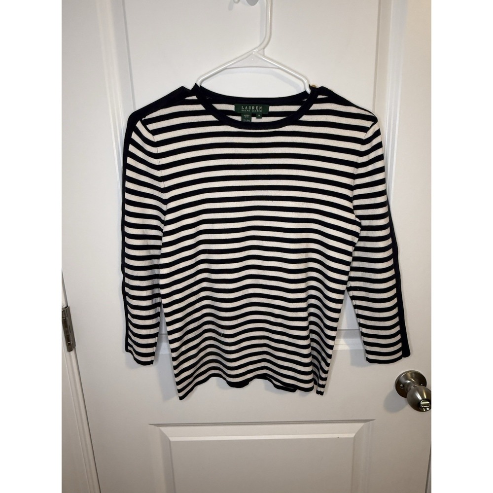 Lauren Ralph Lauren Women's Med Blouse White Blue Stripe Nautical Silk Blend